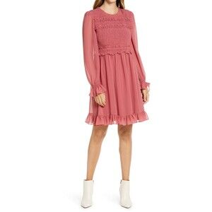 RACHEL PARCELL Women’s Smocked Ruffle Dress Rose Pink Chiffon size S High Neck